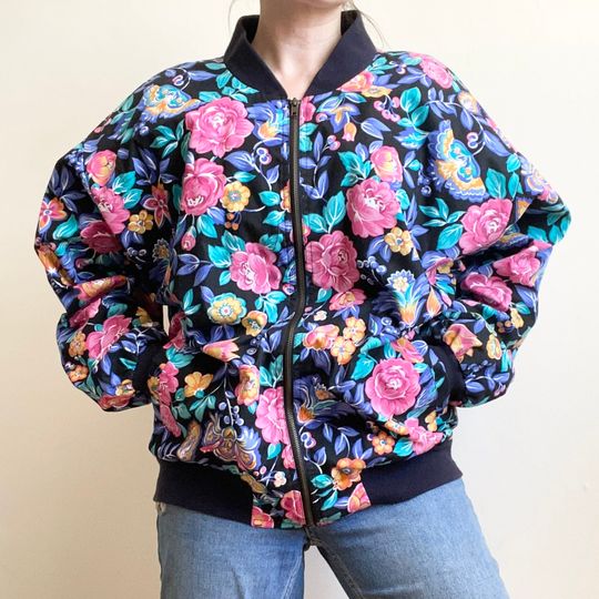 Discover Vintage floral multicolour bomber spring jacket oversized 80s 90s streetwear