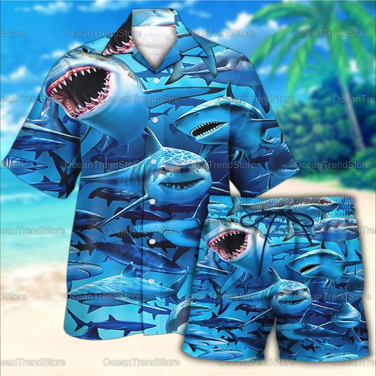 Discover Shark Hawaiian Shirt, Shark Shorts For Men