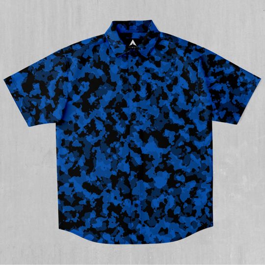 Discover Oceania Blue Camo Short Sleeve Button Down Collared Hawaiin Shirt