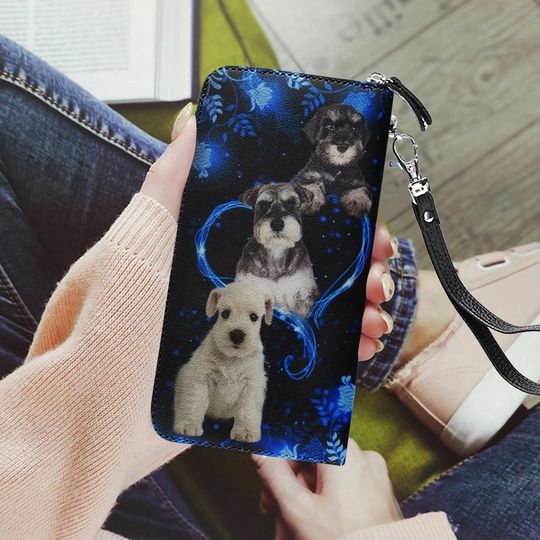 Discover Blue Heart Twinkle Schnauzer Leather Wallet