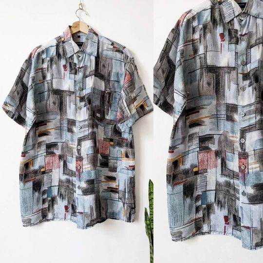 Discover 90s Silk Multicolor Abstract Hawaiian Shirt