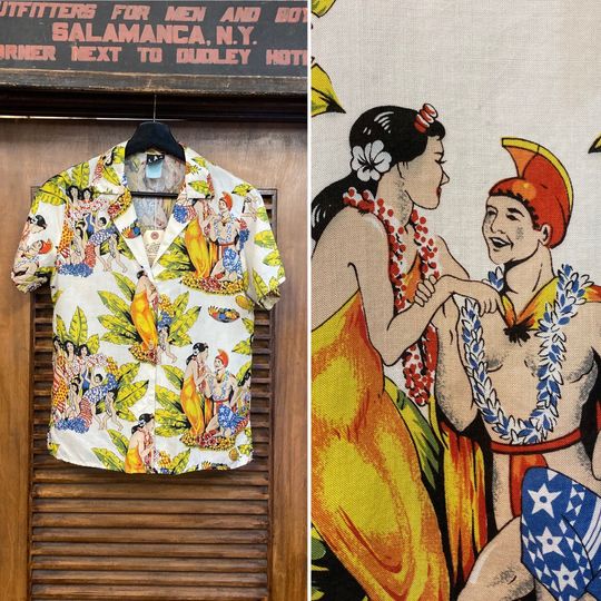 Discover Vintage 1980s Eugene Savage 1940s Style Hawaiian Shirt