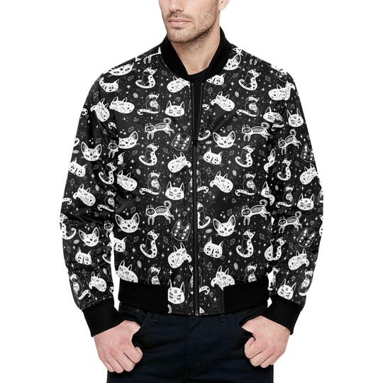 Discover Cat Sugar Skull Quilted Bomber Jacket / Black Cat Goth Men Women Custom Bomber Jackets