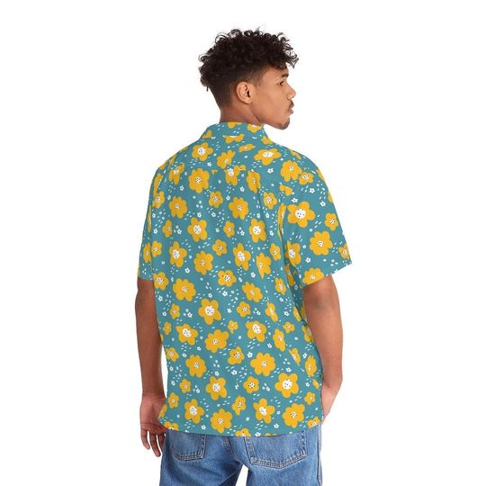 Discover Button Down Short Sleeve Casual Shirt Yellow Flowers on Blue