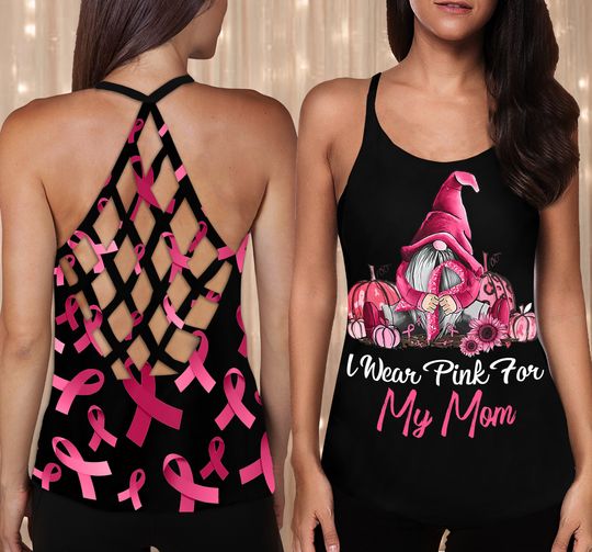 Discover My Mom Ribbon Pink Breast Cancer Awareness Criss Cross Tank Top