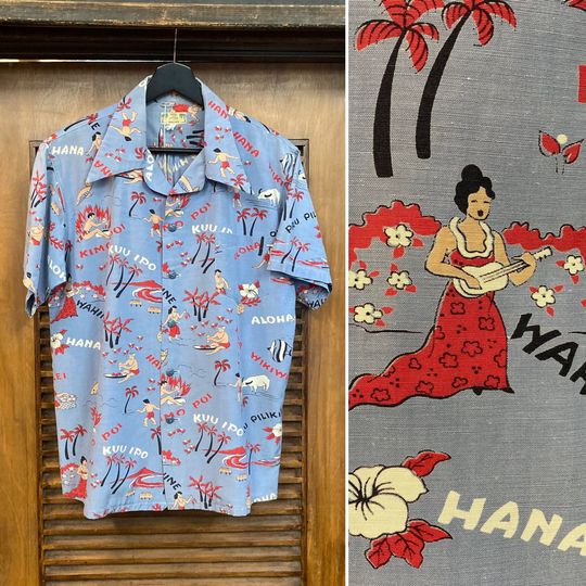 Discover Vintage 1940s Cartoon Natives Linen Vintage Hawaiian Shirt