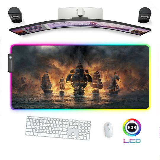 Discover RGB Gaming Desk Mat Led Mousepad Ship Pirates Ocean Sea Thieves
