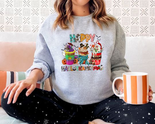 Discover Coffee Latte Halloween Thanksgiving Christmas Sweatshirt, Happy Hallothanksmas Sweatshirts