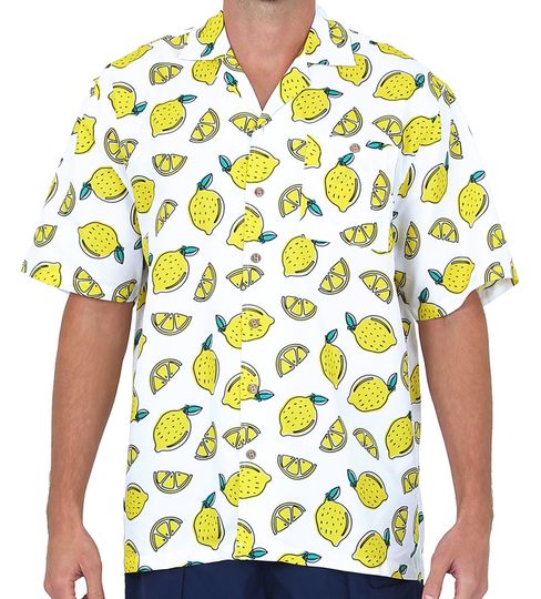 Discover Men's White Button Down Hawaiian Shirt with Limes Print