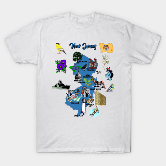 Discover tourism map of New jersey state, USA, major cities, flag, landmarks - New Jersey Map - T-Shirt