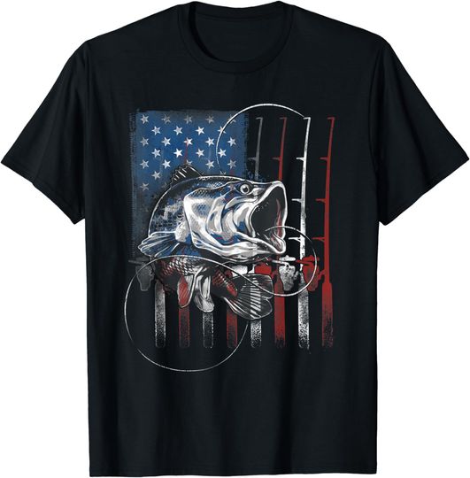 Discover Fishing American Flag Vintage Tshirt USA Bass Fisherman Gift