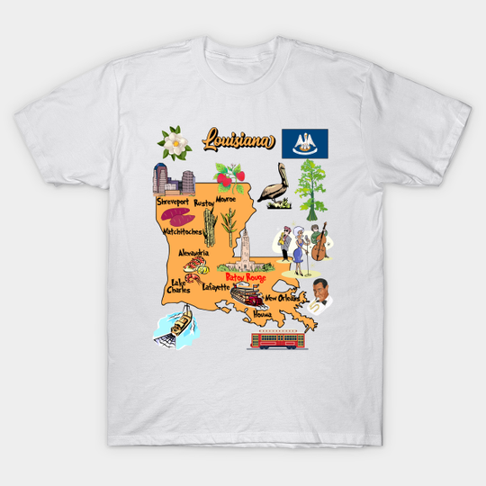 Discover tourist map of Louisiana state, USA, major cities, flag and landmarks - Louisiana Map - T-Shirt