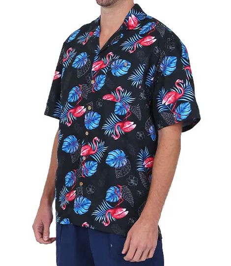 Discover Black Button Down Hawaiian Shirt with Flamingo and Leaves Print