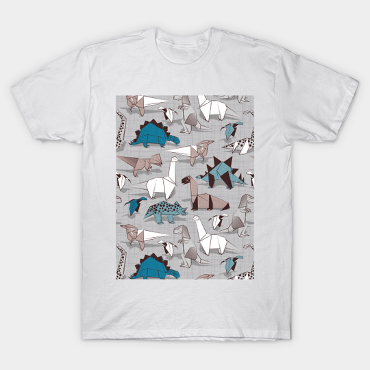 Discover Origami dino friends // pattern // grey linen texture background blue white and beige dinosaurs - Dinosaurs - T-Shirt