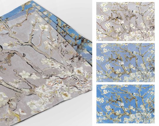 Discover Placemats set of 6, Almond Blossom, Lavender, Silver grey, Sky blue colors, Vincent van Gogh, linen placemats
