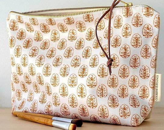 Discover Modern Farmhouse makeup bag,  white and tan floral cosmetic bag, block print inspired toiletry bag