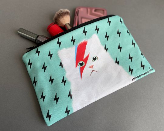 Discover Cat Cosmetic Bag, Cotton Make Up Bag Gift for Her, Turquoise Lined Makeup Bag for Women.
