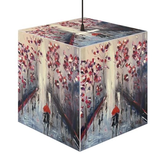 Discover Strolling in Paris Original Romantic Couple in the Rain Painting printed on a square cube Lamp