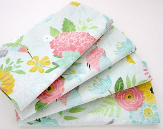 Discover Large Cloth Napkins - Set of 4 - Blue Pink Yellow Flowers Floral Hummingbirds Birds