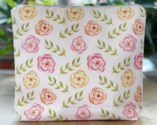 Discover Flowers Wash Bag, Floral Makeup Bag, Large Washbag, Cotton Bathroom Bag