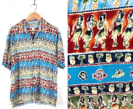 Discover 90s Hula Girl Palm Tree Fish Hawaiian Shirt