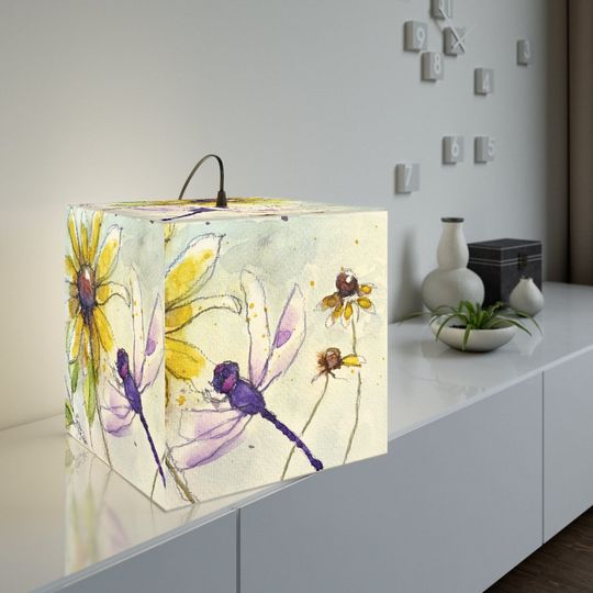Discover Original Watercolor  Purple Dragonfly on Yellow Coneflowers Loose floral Painting printed on a square cube Lamp