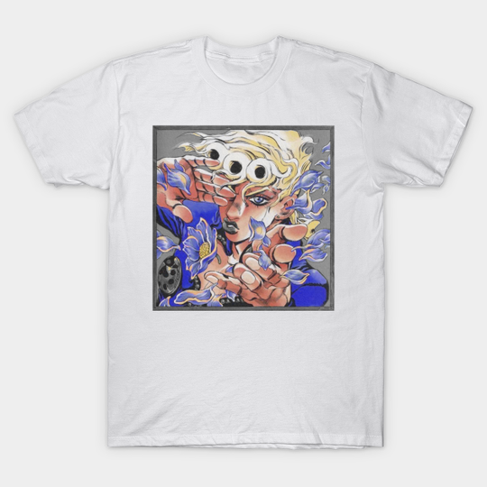 Discover Giorno & Flower Petals Manga Panel Recolor (Black & Blue Variant) - Jojo's Bizarre Adventure: Golden Wind - Giorno - T-Shirt