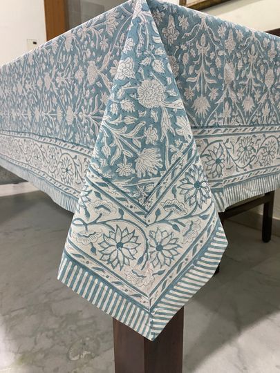 Discover Teal Grey and White Floral Indian Hand Block Printed Cotton Tablecloth, Border design Table cover, Table Linen, Housewarming Gift