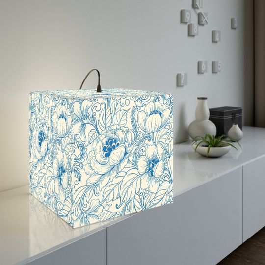 Discover Hand drawn Blue Flower Exotic Desk Lamp, Night Light, Cube Lamp, Modern Lamps