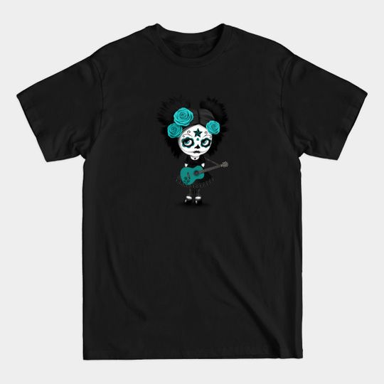 Discover Teal Blue Sugar Skull Big Eyed Girl Playing the Guitar - Day Of The Dead - T-Shirt