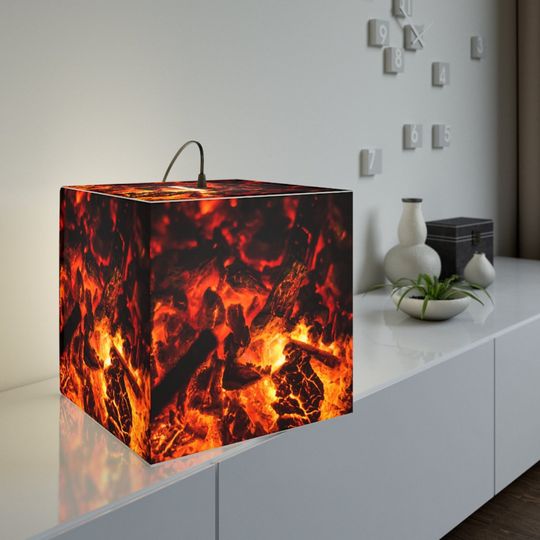 Discover Burning Embers Cube Lamp Orange Yellow Black Warm Lantern Abstract Graphic