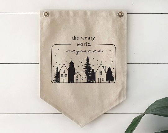 Discover Wall Decor, Christmas Wall Art, Pennant Flag, Hanging Canvas Banner Sign, Weary World Rejoices, Boho Decor