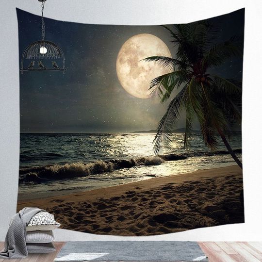 Discover Tapestry Full Moon on the Beach Palm Ocean Starry Night Sky Nature Wall Tapestry Wall Hanging