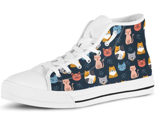 Discover Navy Cute Cat High top Shoes, Custom Kitty Shoes, Cute sneakers, women, men or kids sneakers