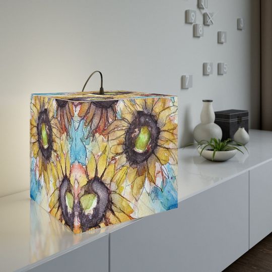 Discover Original Watercolor Sunflowers Loose floral Painting printed on a square cube Lamp