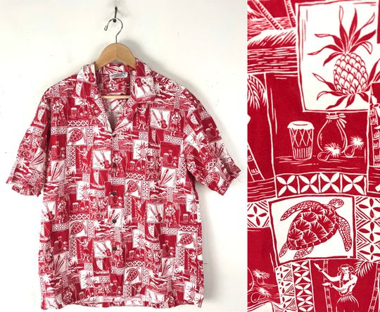 Discover Vintage Red & White Island Beach Print Hawaiian Shirt