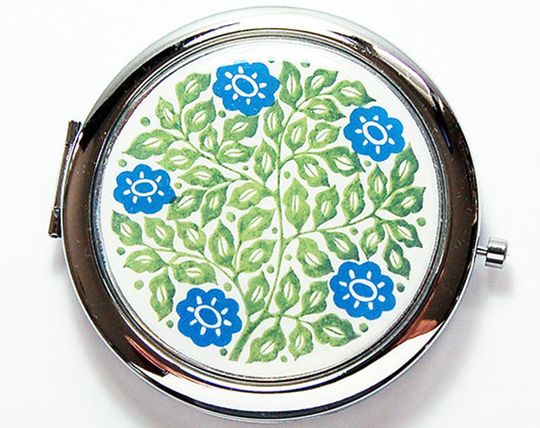 Discover Blue & Green Flower Compact mirror, Mirror for purse