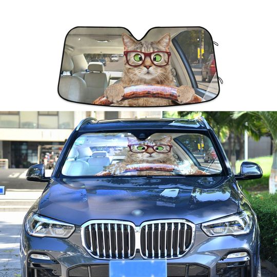 Discover Cross-eyed Cat with Glasses Driving Car Auto Sun Shade