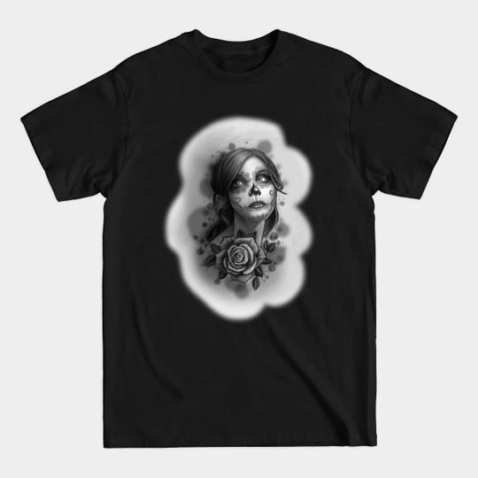 Discover Day of the Dead Girl Black and White Pencil Sketch - Day Of The Dead - T-Shirt