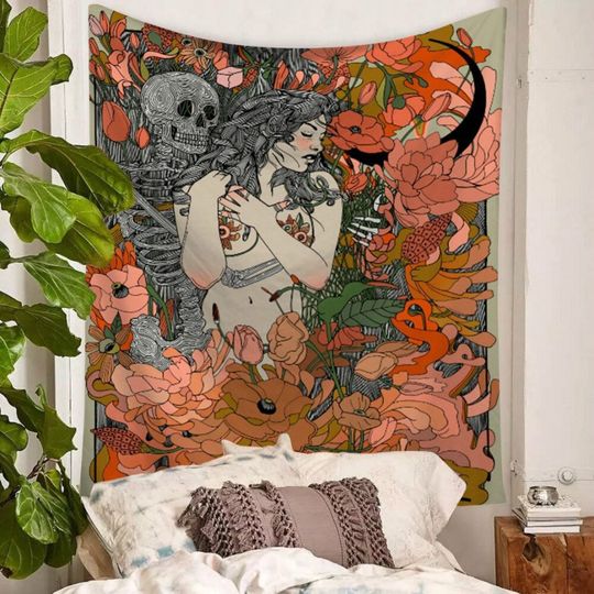 Discover Abstract Tapestry Wall Hanging Girl Skull Skeletons Lovers Kissing Girl and Skeleton Artistic Gift Syren Wall Decor Floral