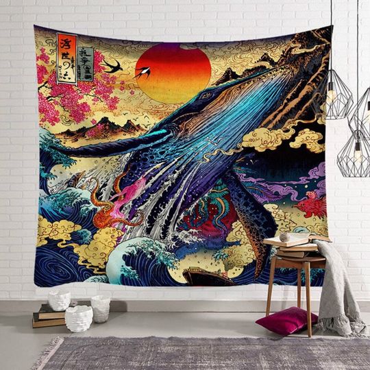 Discover Whale Tapestry Japanese Wall Art Whale Octopus Snake Wall Hanging Psychedelic Tapestries