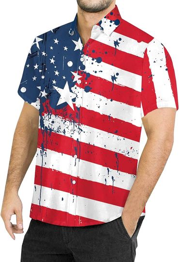 Discover Men's July 4th American Flag Button Down Polo Shirt