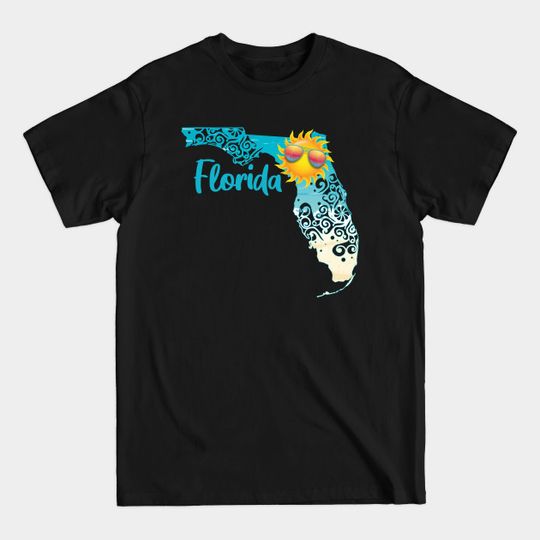 Discover Florida With Sun Wearing Sunglasses Beach Ocean - Florida - T-Shirt