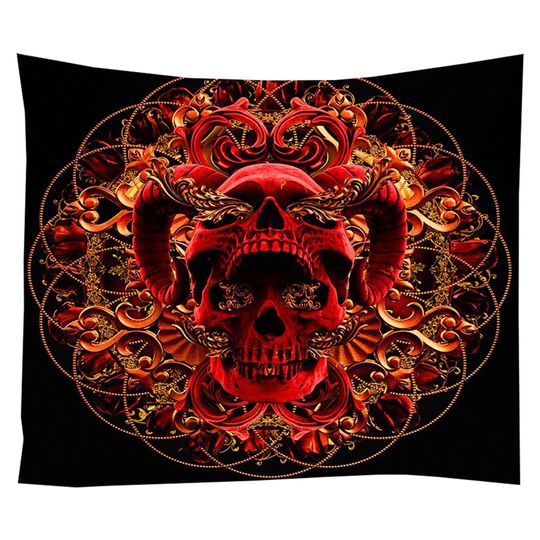 Discover Skull Devil Tapestry Wall Hanging Blood Red Ram Horns Dark Devil Goat Tapestries