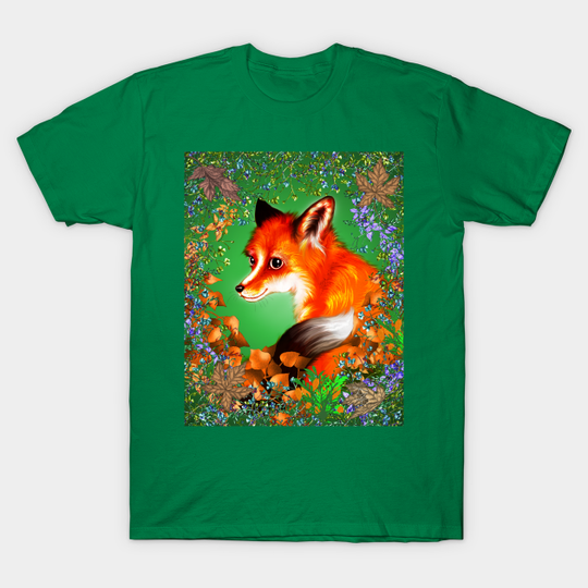 Discover Red Fox with Green Background and Flowers - Red Fox - T-Shirt