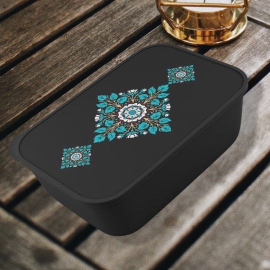 Discover Bento box - Black turquoise lunch box - Boho Lunch Box - Floral aesthetic - Eco Friendly - Band and Utensils - Women's gift