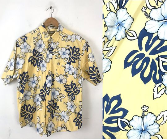 Discover 1990s Yellow & Blue Large Bright Yellow Hawaiian Shirt