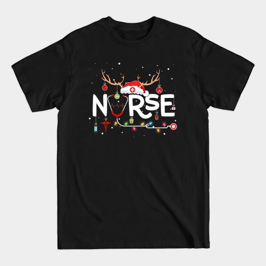 Discover Nurse Christmas Tee Santa Hat Snow Stethoscope Reindeer - Nurse Cute Hat Santa Reindeer Christmas - T-Shirt