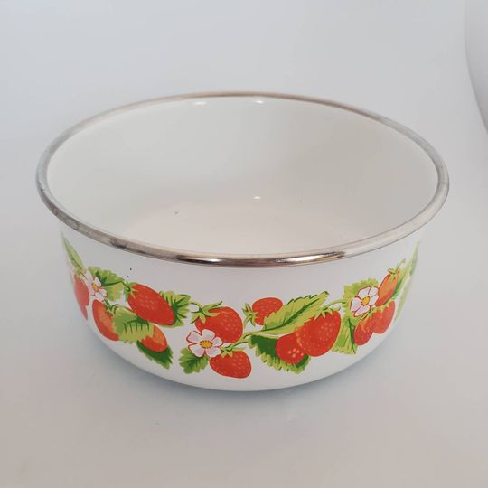 Discover Vintage Kobe Strawberry enamel serving bowl Strawberry pattern dish with Strawberry blossoms