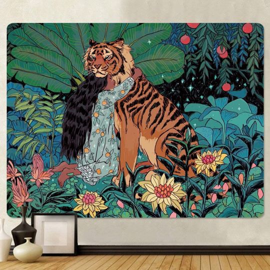 Discover Cute Girl Floral Tiger Wall Hanging Tapestry